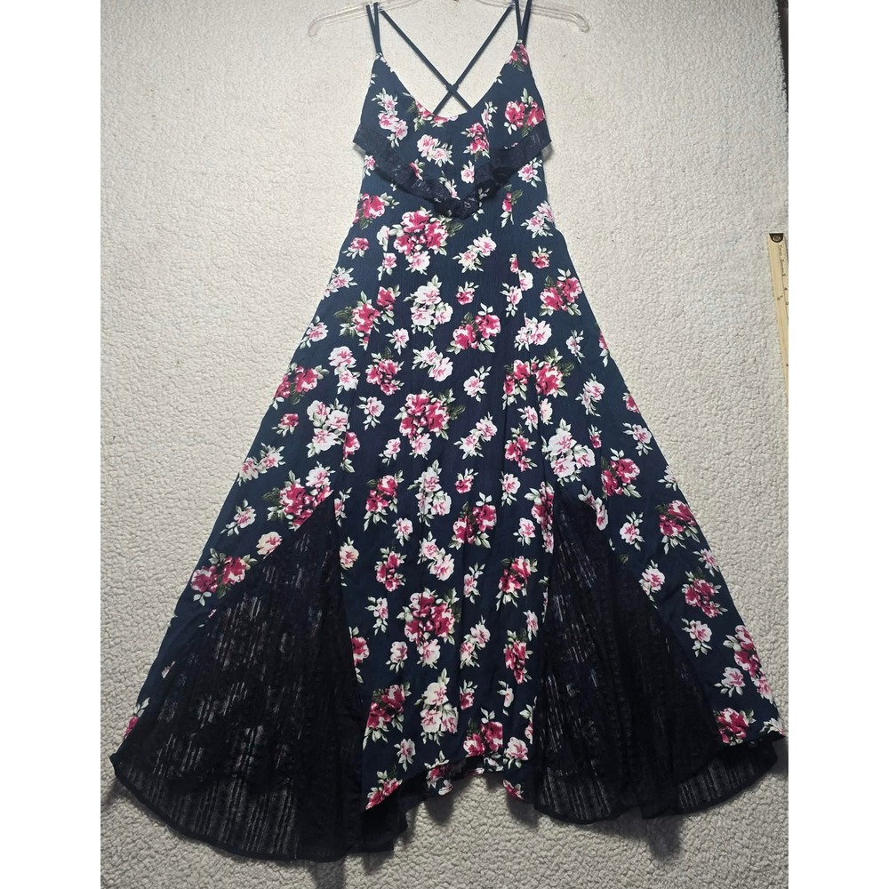 Love Posh Navy Floral Lace Inset Maxi Dress Pink Roses Boho Ruffle V-Neck Medium